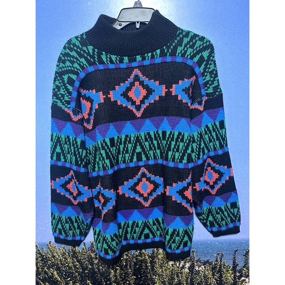 Croquet Club Sweaters - Vintage 1992 Croquet Club Acrylic Knit Pullover Turtleneck M Bright Colors